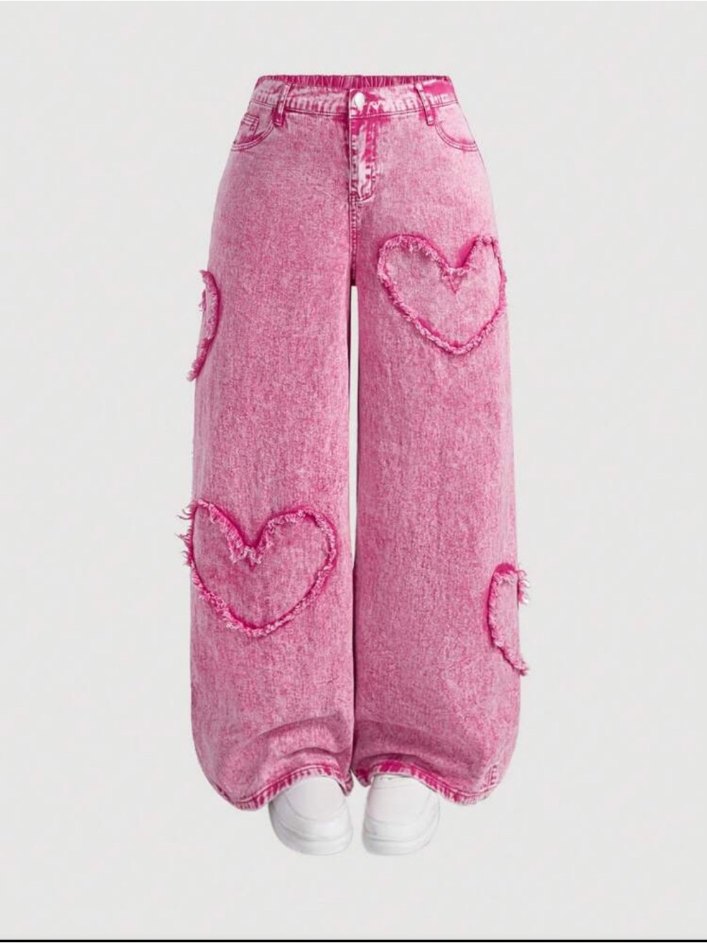 SHEIN Pink High-Rise Wide-Leg Jeans with Frayed Heart Appliqués